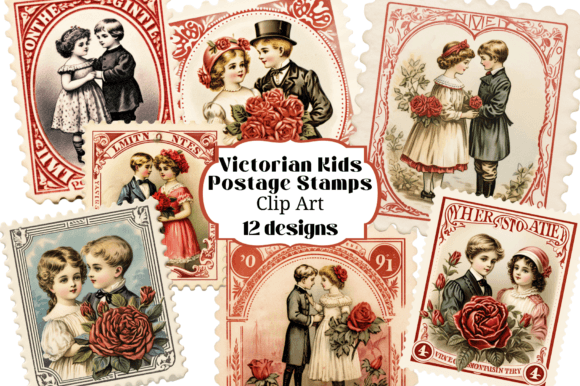 Vintage Charm Meets Modern Craft: Victorian Kids Valentine Postage Stamps & Clip Art Transparencies