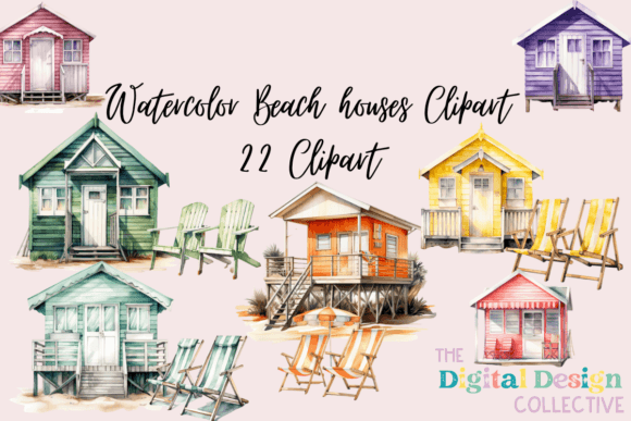 Watercolor Beach Houses Clipart – A Creative Essential for Crafters and Designers
