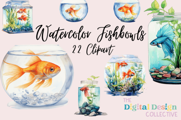 Watercolor Fish Bowl Clipart Bundle